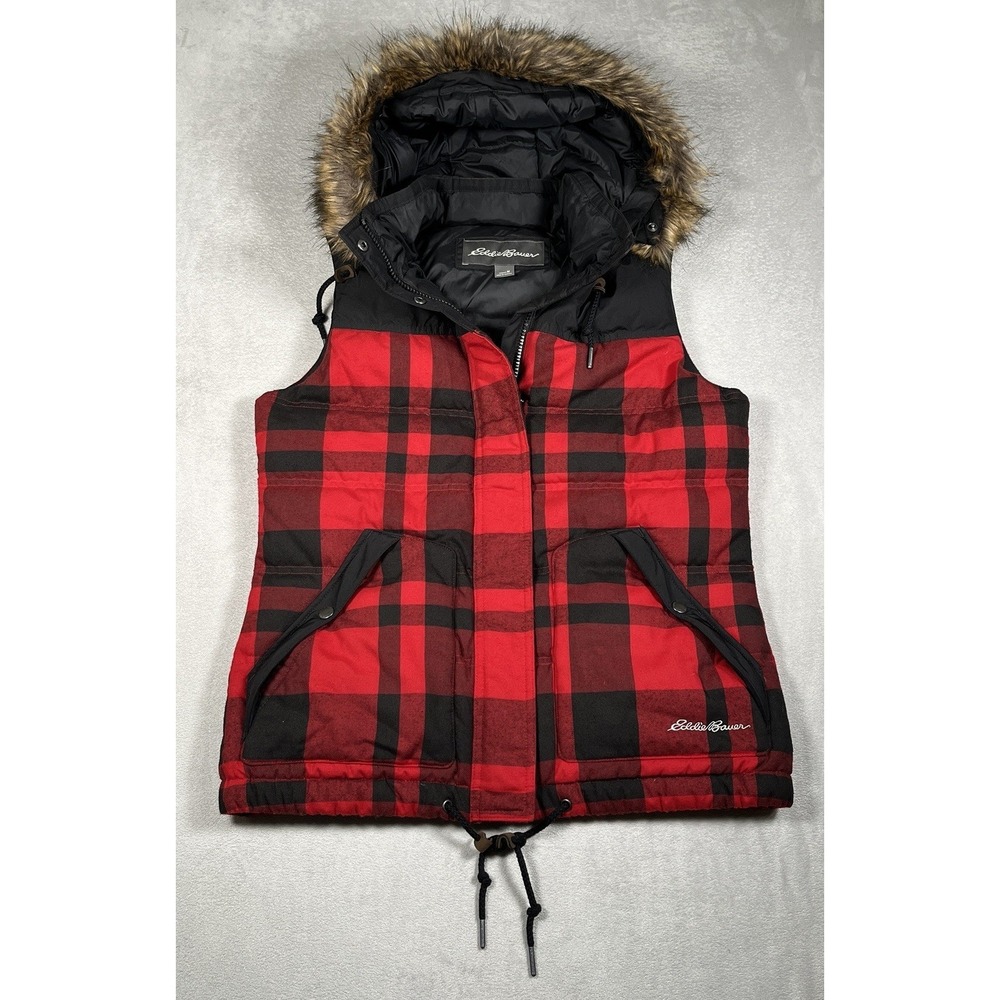 Eddie Bauer Goose Down Puffer Vest Women M Buffalo Plaid Hooded Removable Trim